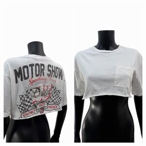 Garage Cropped Graphic Tee‎ Motor Show White Cotton Short Sleeve P/S